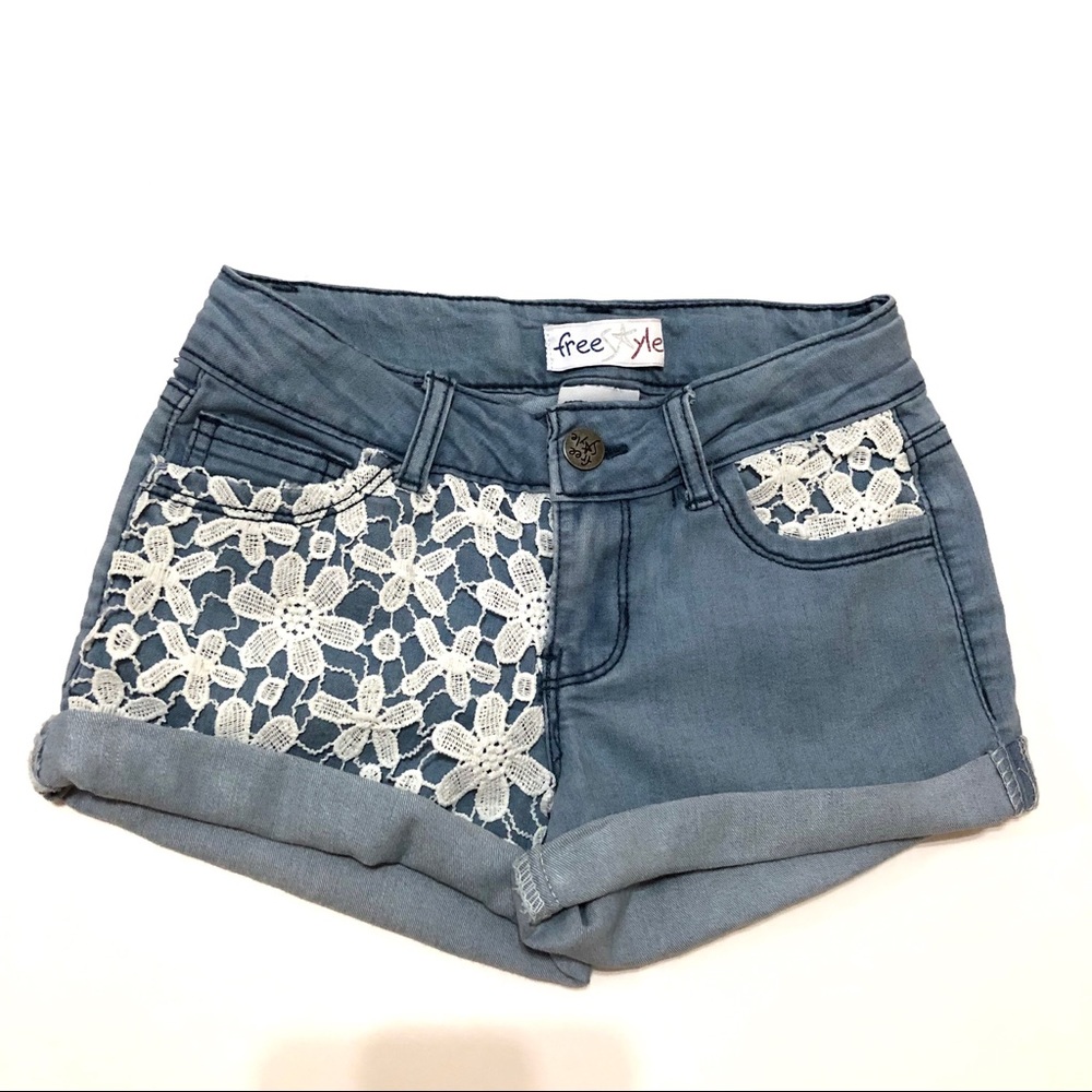 Girls Flower Crochet, Denim Shorts